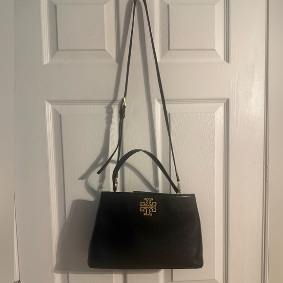 Tory Burch Handbags - Tory Burch Black Leather Top-Handle Shoulder Bag with Gold Logo